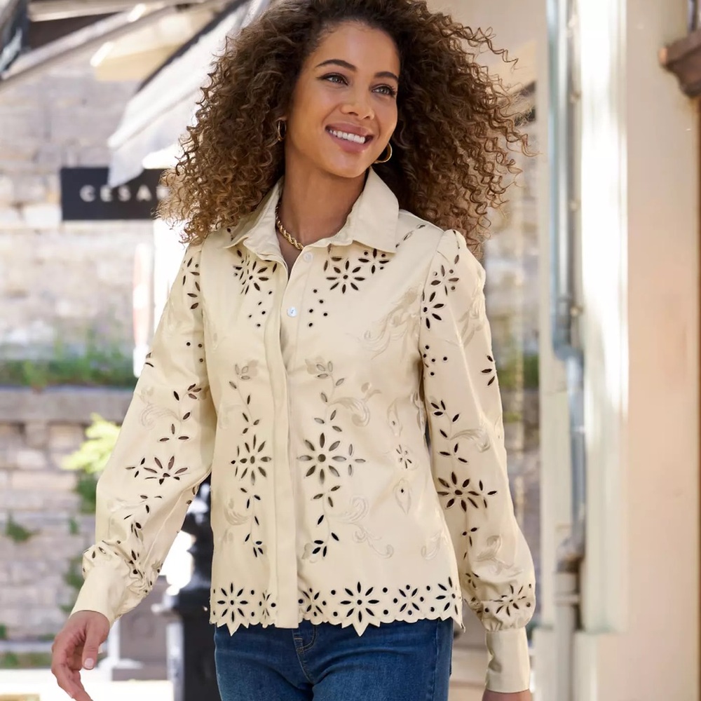 Boston Proper Faux Leather Laser Cut Button Up Shirt Ecru Sz L